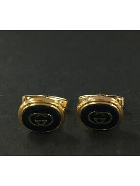 Gucci G Logo Cufflinks Black Gold Tone Interlocking G Men's Cuff Links Oval